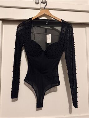 Windsor Black Beaded Long-Sleeve Mesh Bodysuit